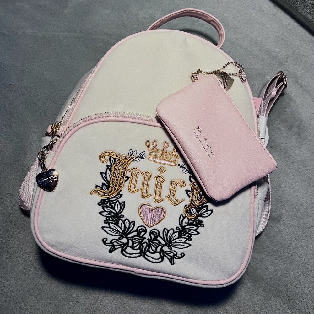 *Juicy Couture New Off White Embroidered Heritage Backpack & Light Pink Coin Bag